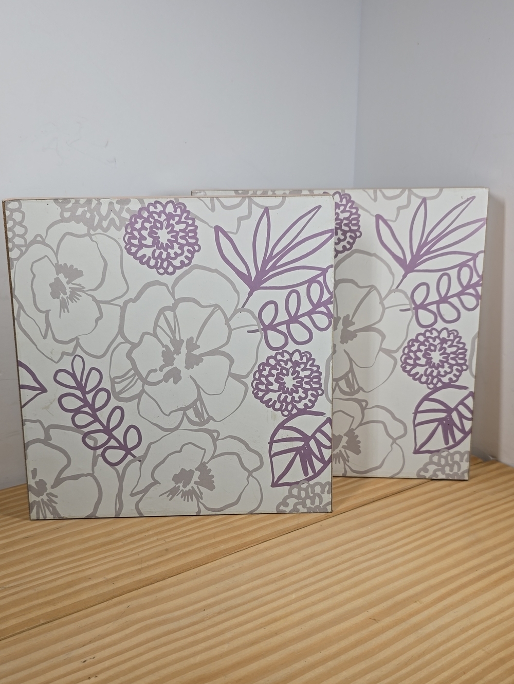 Foreside Wedge Floral Wall Art Pair - Cream, Lavender & Gray Set New